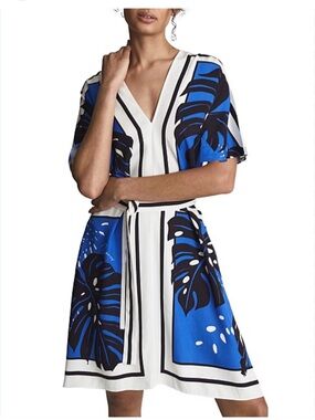 Reiss Hannah Palm print blue black tie designer women’s dress size 4 36 small s